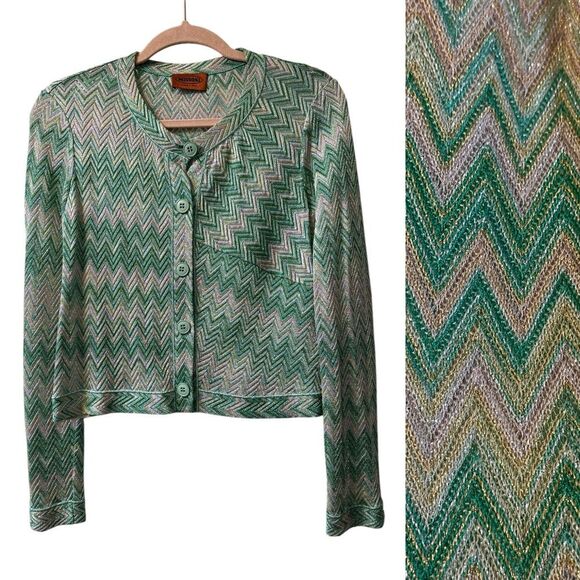 MISSONI Orange Label Shimmery Cardigan Sweater Chevron Zigzag M Vintage Y2K - Picture 1 of 12